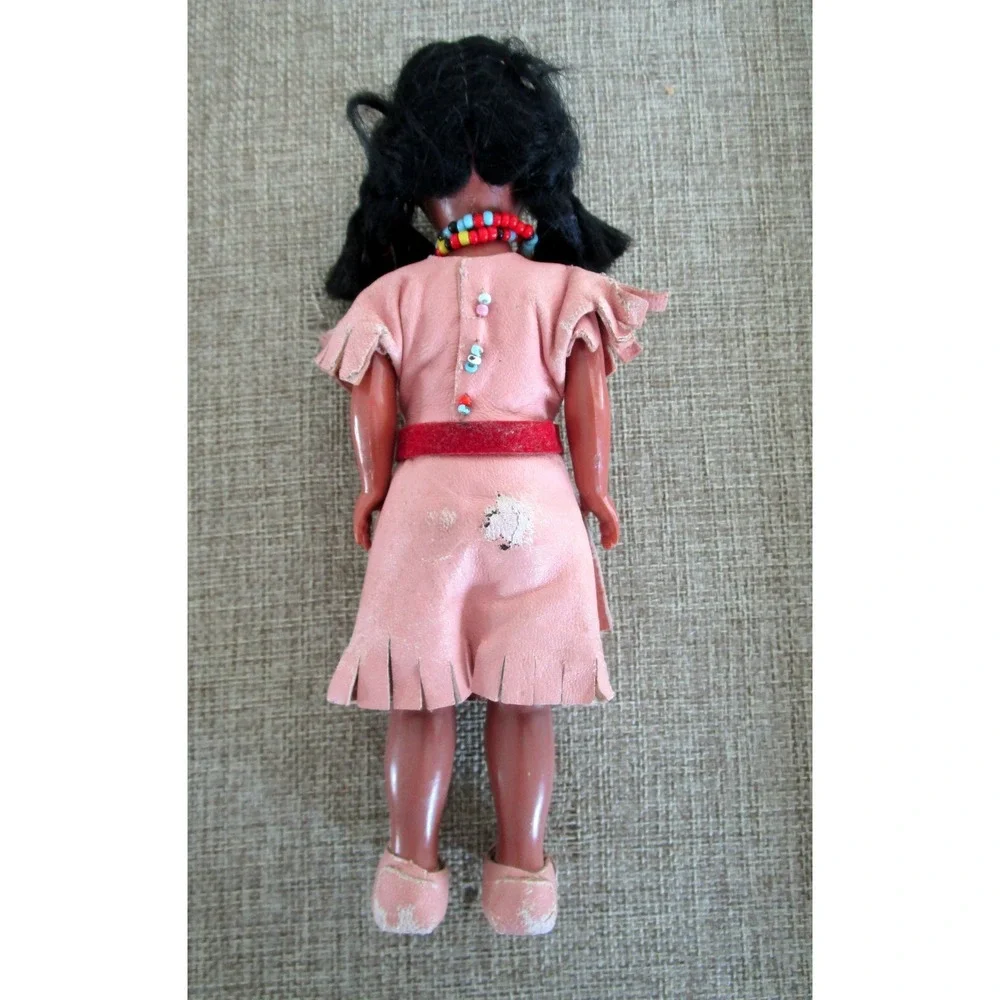 American Indian Girl Vintage Doll with Sleep Eyes Beading Moccasins Marked 7A